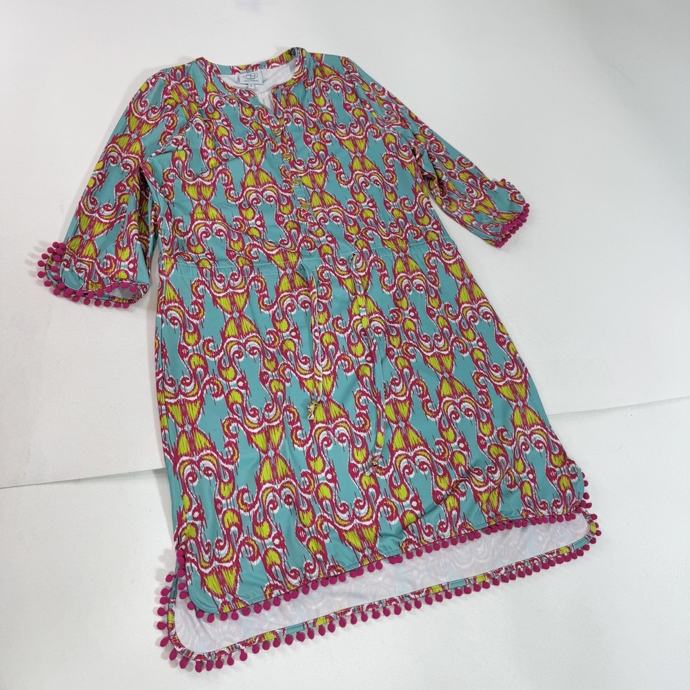 Tracy Negoshian Dress Womens Medium Blue Pink Ikat Print Pom Pom Trim Boho Tunic